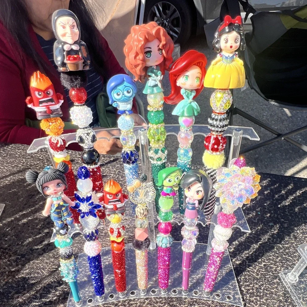 Handmade Beaded Rhinestone Glitter Ballpoint Pens w/ Character & Team Toppers